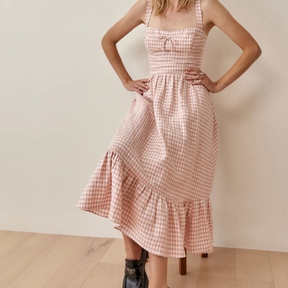 [SOLD] Reformation Maegan Linen Gingham Ruffle Midi Dress